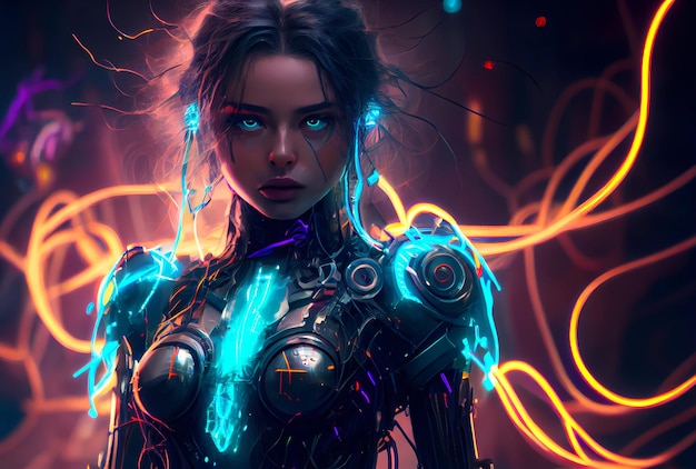 Cyborg-Mädchen in Neon-Stil-Roboterfrau