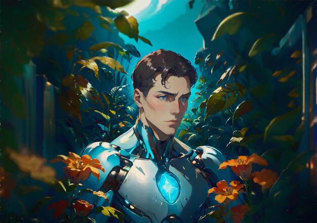 Cyborg masculino abstrato com plantas ilustração cibernética futurista