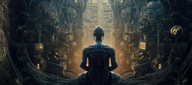 Cyborg mirando a través del concepto de inteligencia artificial de la ciudad futurista
