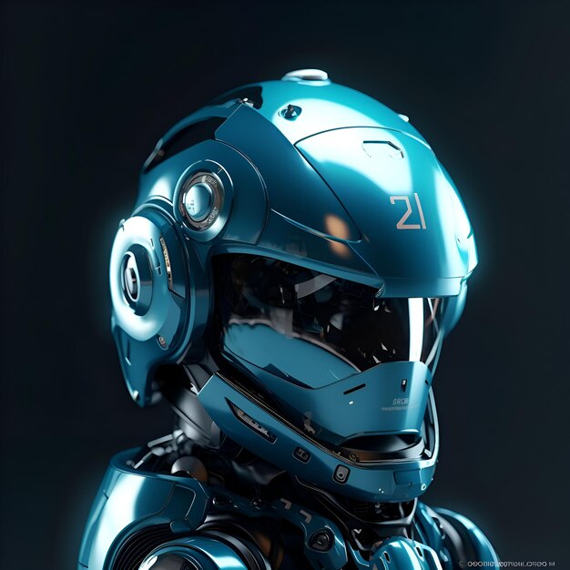 Cyborg mit blauem Helm auf dunklem Hintergrund 3D-Rendering