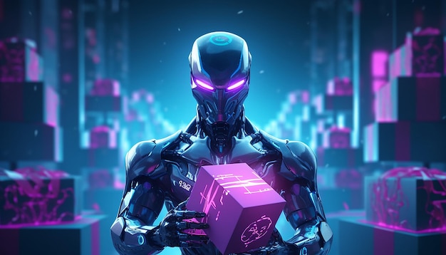 Cyborg mit Cyber Monday-Geschenken im Neonlicht