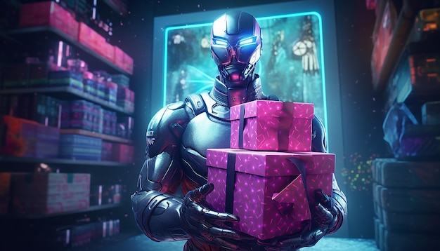 Cyborg mit Cyber Monday-Geschenken im Neonlicht