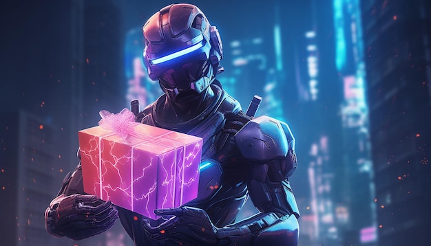 Cyborg mit Cyber Monday-Geschenken im Neonlicht