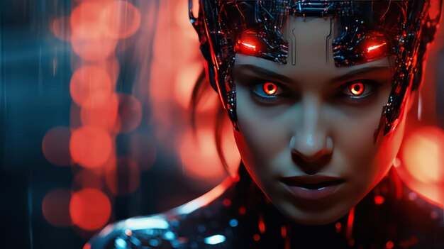 Cyborg mujer con luz roja en la cara