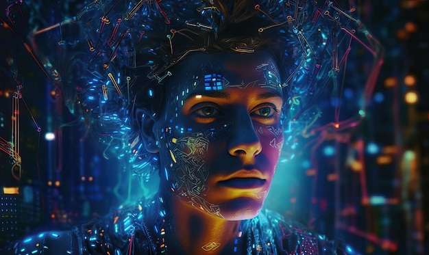 Cyborg de neón fantástico retrato de un joven