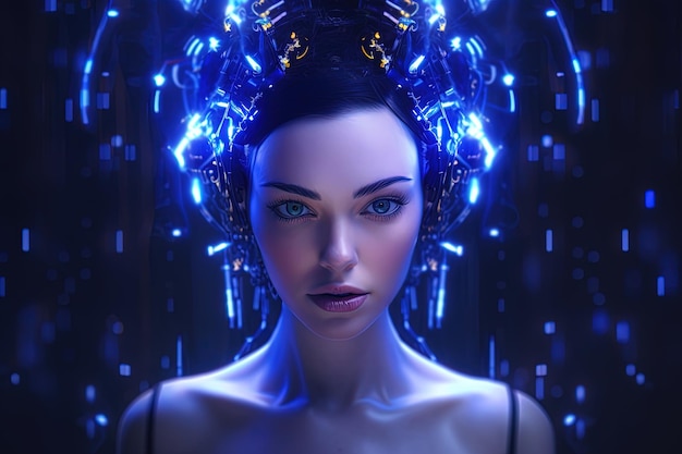 Cyborg o humano mejorado digitalmente Inteligencia artificial y concepto de tecnología con mujer avanzada