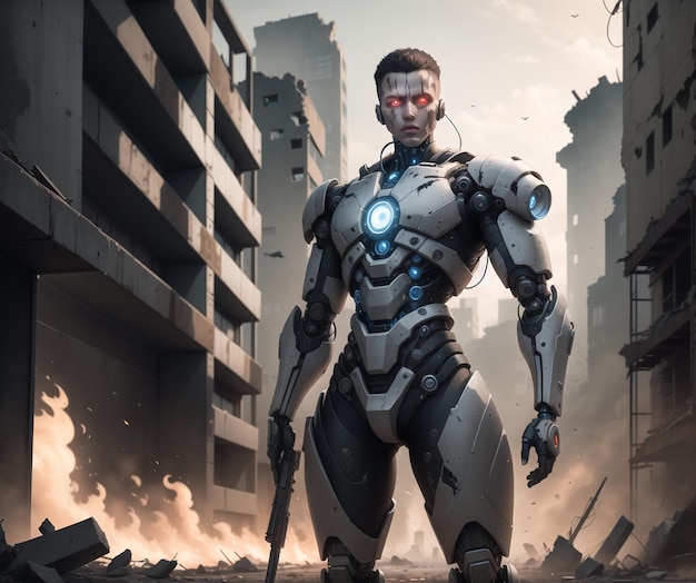 cyborg parado en una ciudad destruida