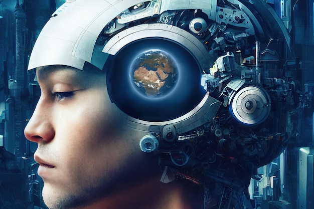 Cyborg con parte mecánica de su cabeza El planeta Tierra en su mente