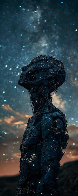 Cyborg partes sintéticas autoconciencia mirando a un cielo estrellado puesta de noche pacífica fotografía silueta iluminación efecto bokeh