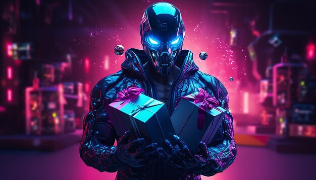 Cyborg con regalos Cyber Monday en luz de neón