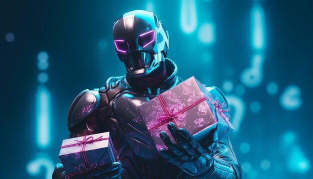 Cyborg con regalos Cyber Monday en luz de neón