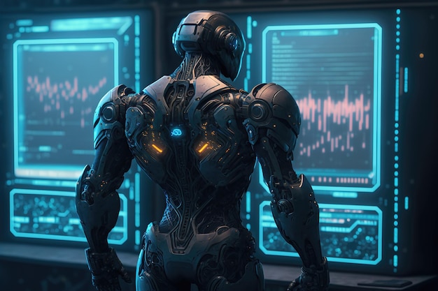 Cyborg-Roboter betrachtet das Bedienfeld des Sicherheitssystems von hinten Digitale Zukunft