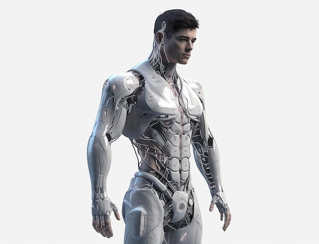 Cyborg-Roboter und eiserner Soldat auf einem Modell für eine futuristische kriegsgalaktische Cyberspace-Android-Maschine