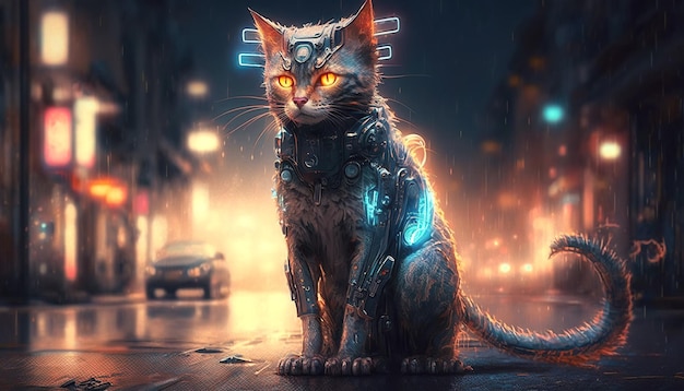 Cyborg-Roboterkatze auf der Straße der Nacht in der Stadt uture im Cyberpunk-Stil mit Neonlicht Generative KI-Illustration