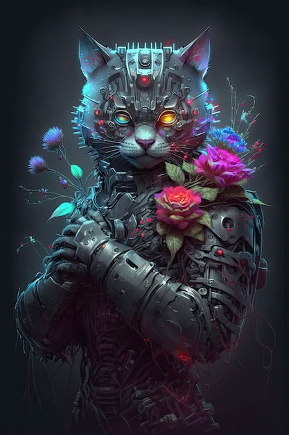 Cyborg-Roboterkatze mit Blumenkonzept der zukünftigen generativen KI-Illustration des Cyberpunk