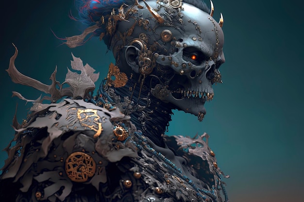 Cyborg-Schädelkrieger mit Hörnern und einem gehörnten Kopf AIGerated