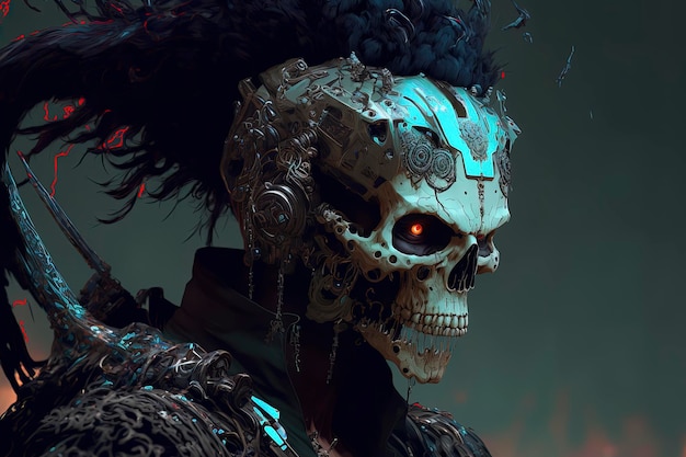 Cyborg-Schädelkrieger mit Hörnern und einem gehörnten Kopf AIGerated