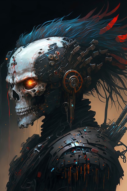 Cyborg skull warior con cuernos y una cabeza con cuernos AIGenerated