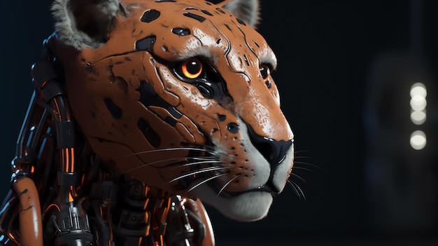 Un Cyborg Tiger robótico futurista con un fondo negro y un fondo negro