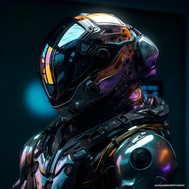 Cyborg en un traje espacial futurista Fondo de Scifi renderizado en 3D