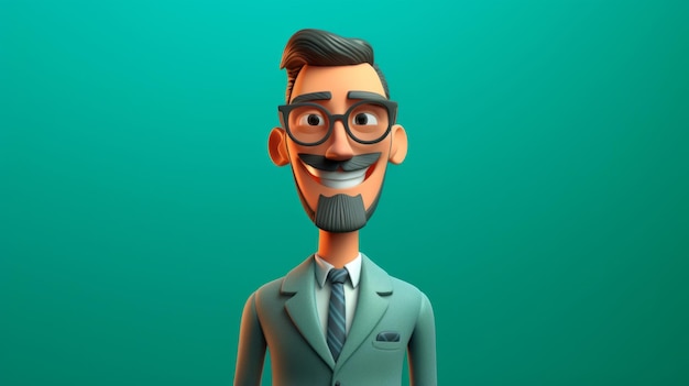 D caricatura de un hombre de negocios o vendedor de avatar de realidad virtual contra fondo verde azulado