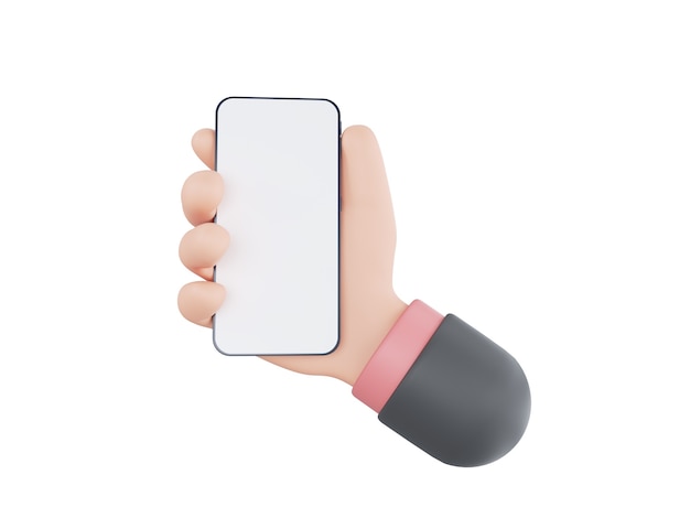 D cartoon hand hält smartphone isoliert auf weißem hintergrund hand mit handy mockup d rend...