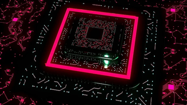 D chip con líneas de neón movimiento gran placa base en el futuro neón fondo tecnológico computadora