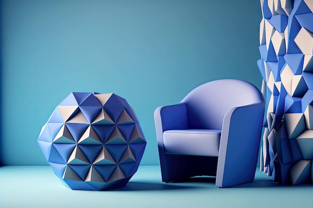 D composición abstracta de sillón y mesa contra el fondo de la pared azul con poliedros blueblue