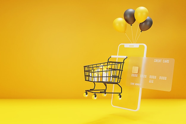 D compras conceito on-line com carrinho de compras, bolsa, balão, cartão de crédito e telefone celular. renderização 3d.