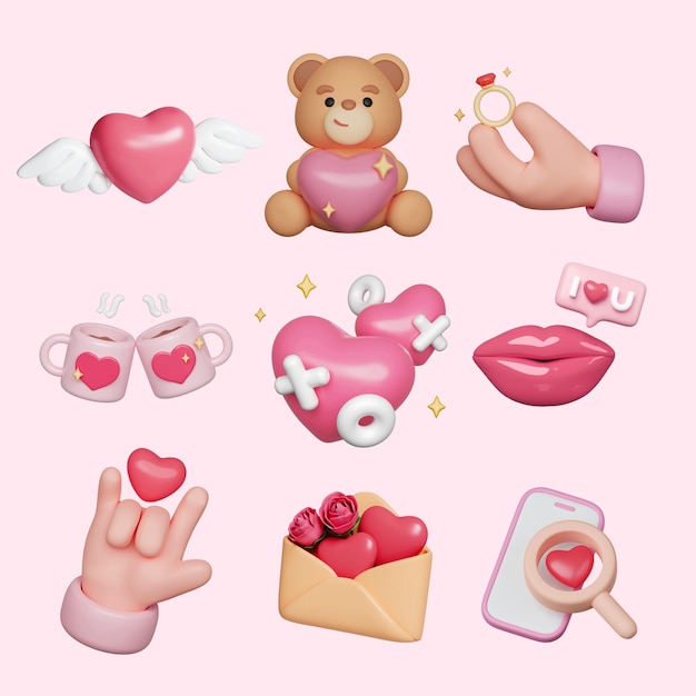 D conjunto de iconos del día de San Valentín cita romántica y propuesta de matrimonio concepto del día de San Valentín d renderización