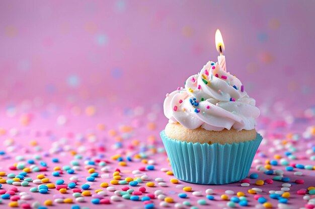 d cupcake de cumpleaños con vela encendida encima