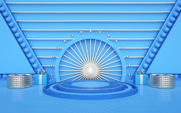 d Darstellung des abstrakten geometrischen Hintergrunds mit einem blauen runden Podium für eine Produktanzeige