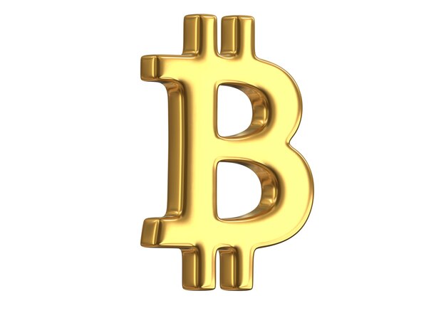 D-Darstellung des goldenen Bitcoin-Zeichens isoliert auf weiß