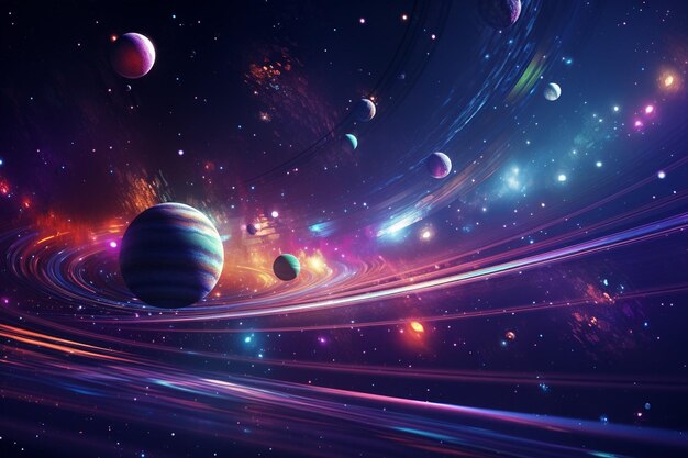 d Darstellung einer abstrakten Raumszene mit fiktiven Planeten