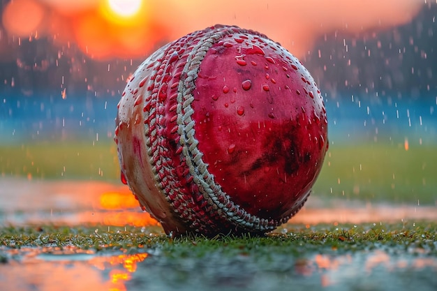 d Darstellung eines Cricketballs vor einem Cricketstadion