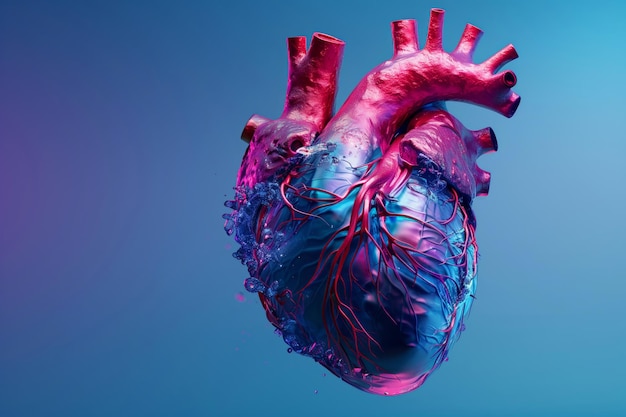 D Darstellung eines menschlichen Herzens, das in Flüssigkeit eingetaucht ist, auf einem elektrisch blauen Hintergrund