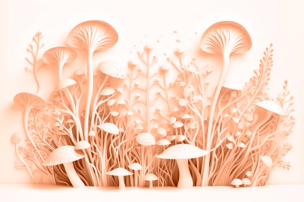 D Darstellung von Papierschnitten von Pflanzen und Pilzen in Pfirsichfarbe