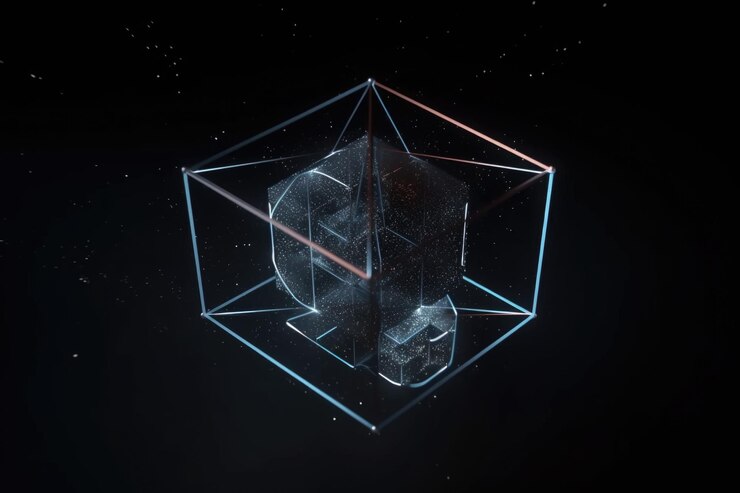Foto d figura geométrica flotando en el vacío del espacio exterior creada con ai generativo