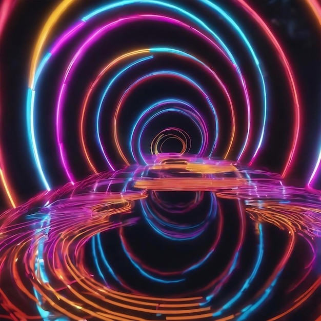 D Fliegende und flackernde Kreise entlang der Neonbahn auf dem Reflexionsboden darstellen