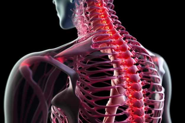 D Ilustración en primer plano de la columna cervical humana las vértebras de la columna vertebral humana llenas de