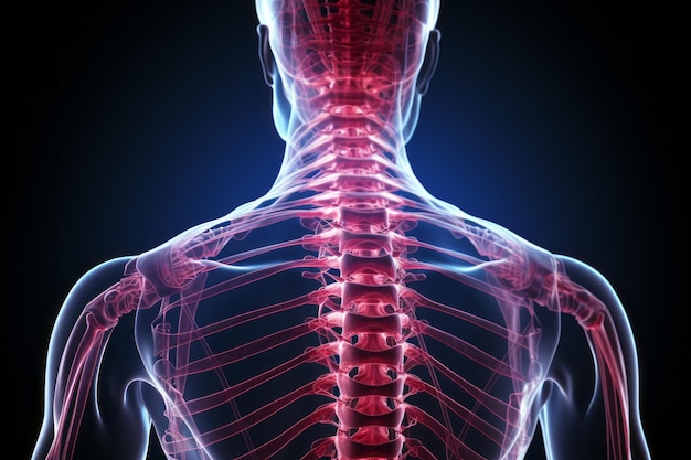 D Ilustración en primer plano de la columna cervical humana las vértebras de la columna vertebral humana llenas de