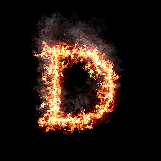D letra ardiendo en el fuego con humo arte digital aislado en fondo negro una letra del conjunto alfabético
