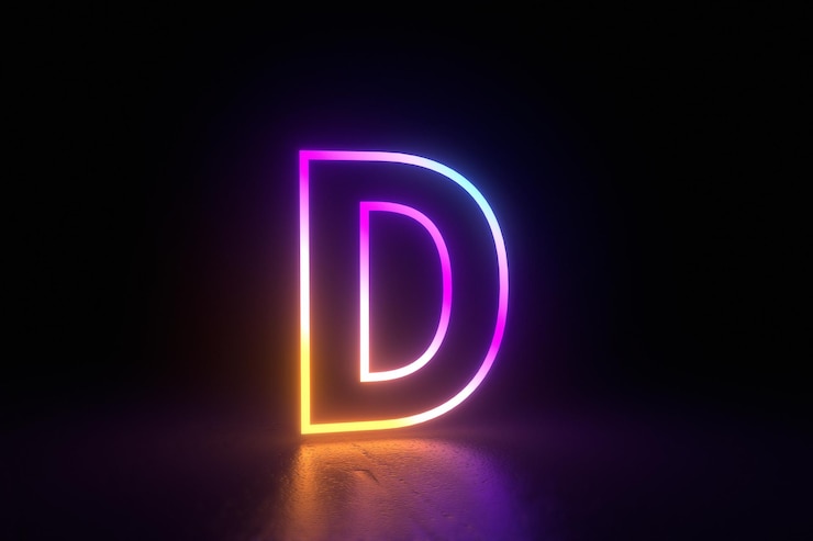 Foto d letra carácter neón aislado reflexión ilustración 3d render. ilustración 3d
