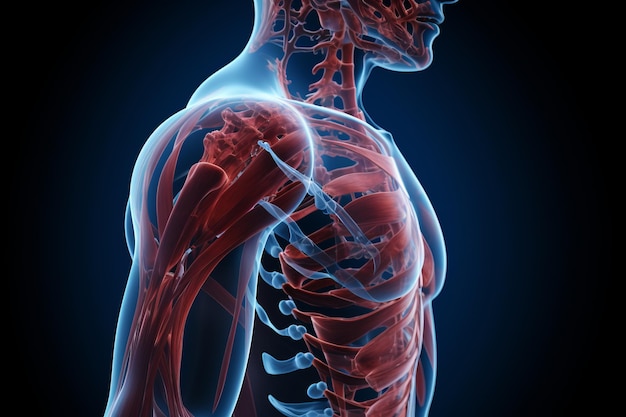 D medizinische Darstellung der männlichen Anatomie der Schultergelenkmuskulatur und der Sehnenstruktur der Schulter