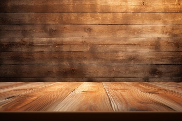 d mesa de madera rústica mirando hacia una pared de madera desenfocada