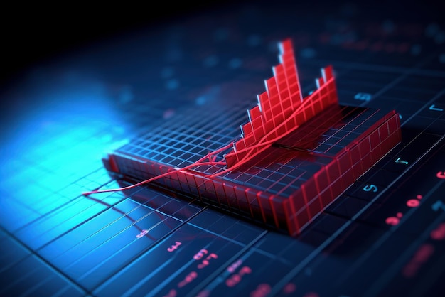D Modell eines Finanzdiagramms mit rotem Hintergrundlicht auf blauem Hintergrund Börsenfinanzierungsdiagramm