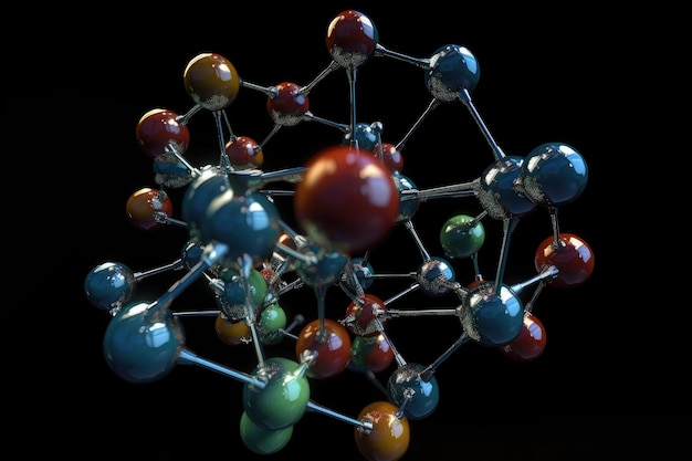 D modelo de molécula con varios elementos orbitando entre sí creado con IA generativa