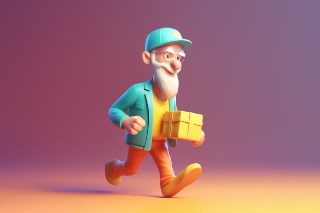 D personaje de un anciano con barba corre con una caja de cartón ai generativo