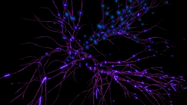 D red neuronal con impulsos eléctricos diseñan ramas neuronales con pulsos brillantes rápidos en negro