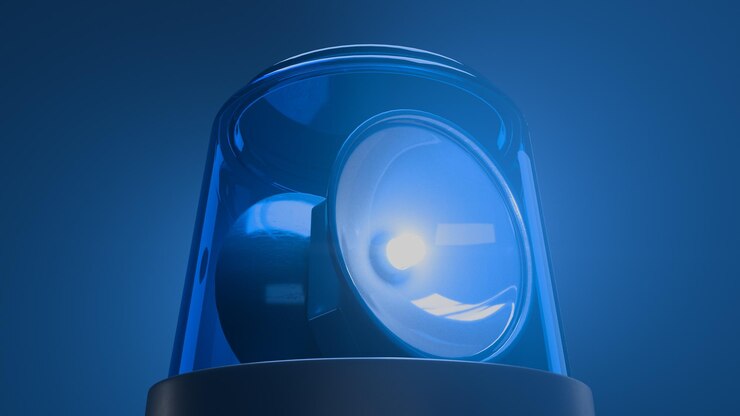 D render azul luz intermitente de emergencia con luz de volumen